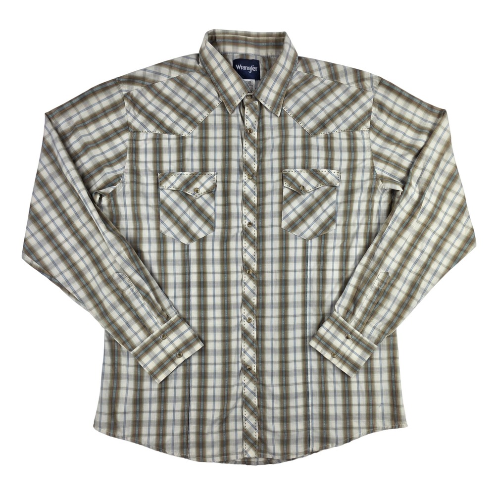 Wrangler Mens XL Western Plaid Pearl Snap‎ Shirt Tan Brown Blue MVG042M L/S